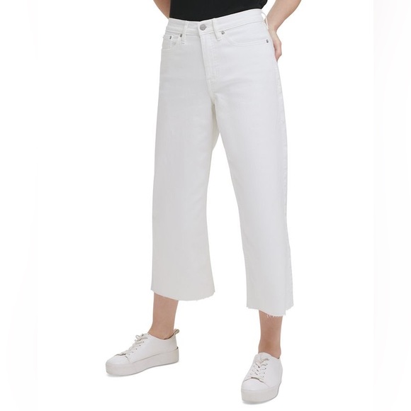 CALVIN KELIN JEANS WOMENS WHITE HIGH RISE WIDE LEG CROPPED RAW EDGE JEANS NWT 30 - Picture 2 of 5